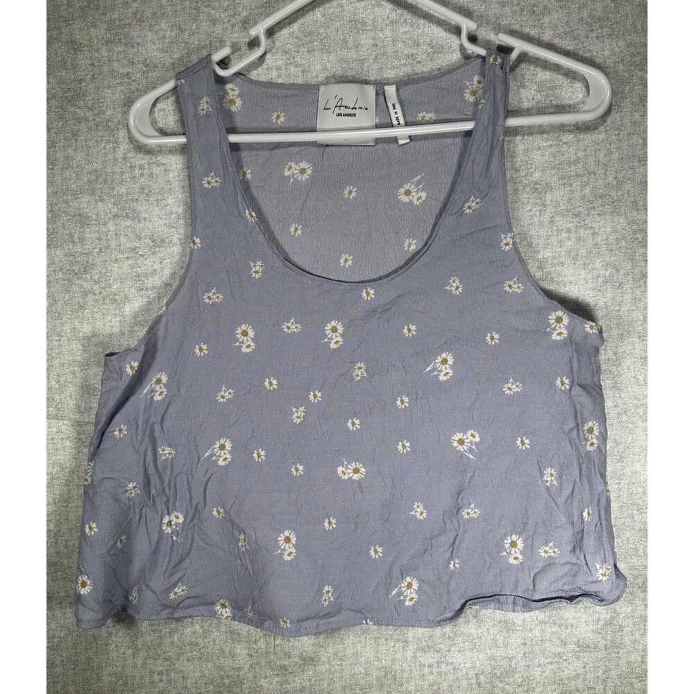 L’Academie Blue Daisy Pattern Sleeveless Cropped Tank Shirt  Medium Viscose